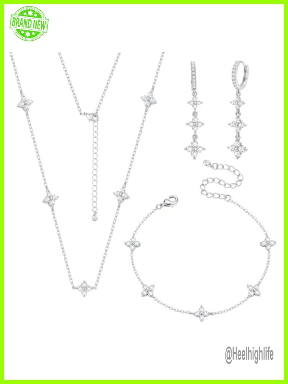 18K White Gold Plated Cubic Zirconia Four-Leaf Clover Jewelry Set